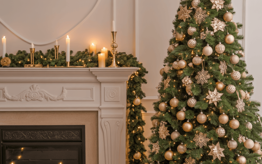 Elegant luxury home Christmas decor with golden ornaments and glowing candles