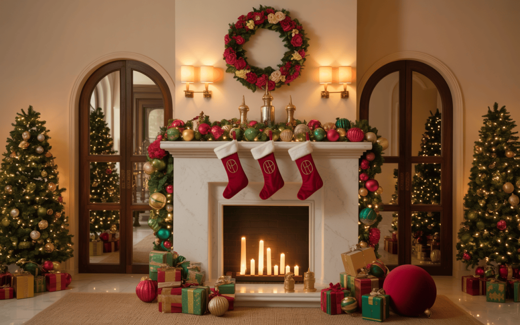 Cozy luxury home Christmas decor with elegant fireplace, wreath, and stockings