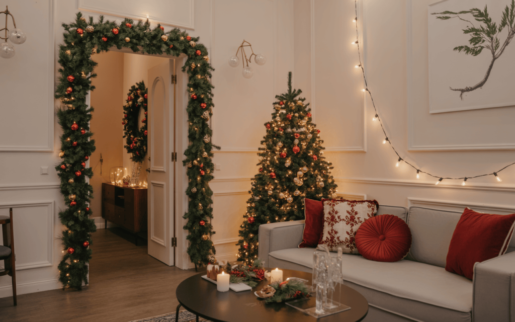 Cozy simple Christmas home decor ideas with lights, garlands, and festive tree
