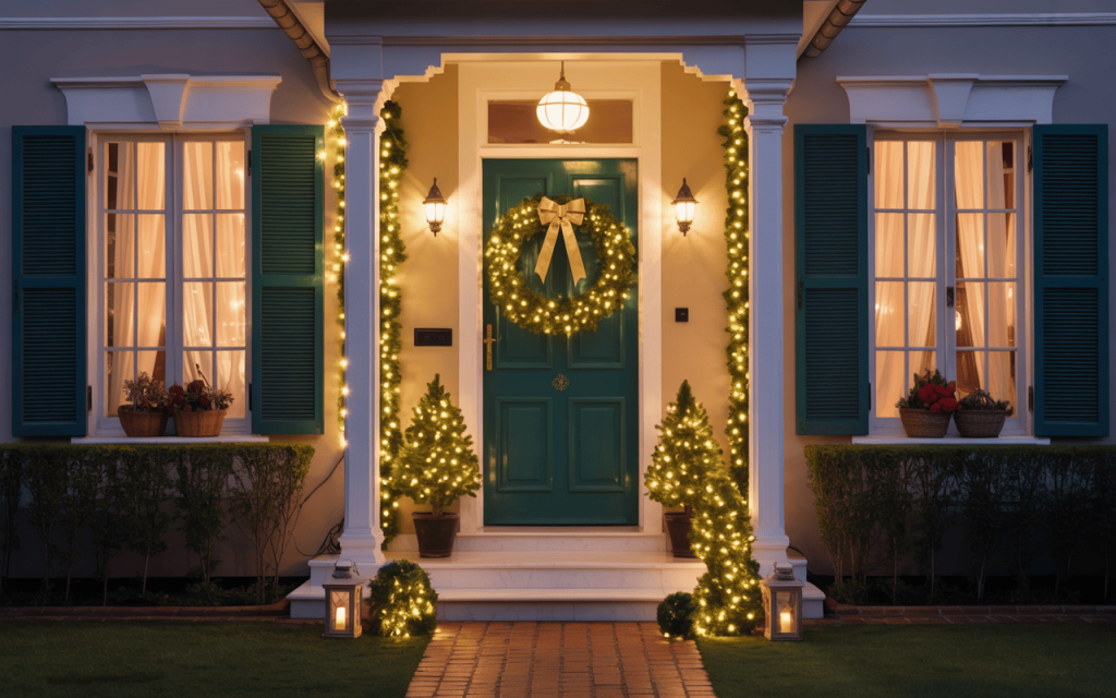 Charming christmas home decor with glowing wreath and outdoor festive lighting