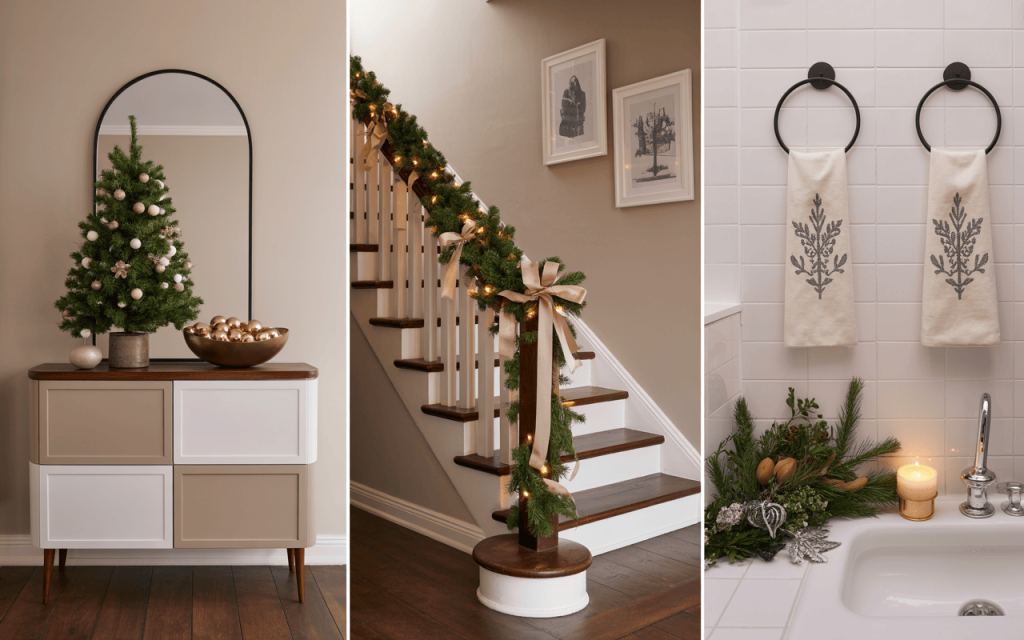 Elegant simple Christmas home decor ideas with mini tree, garland, and candles