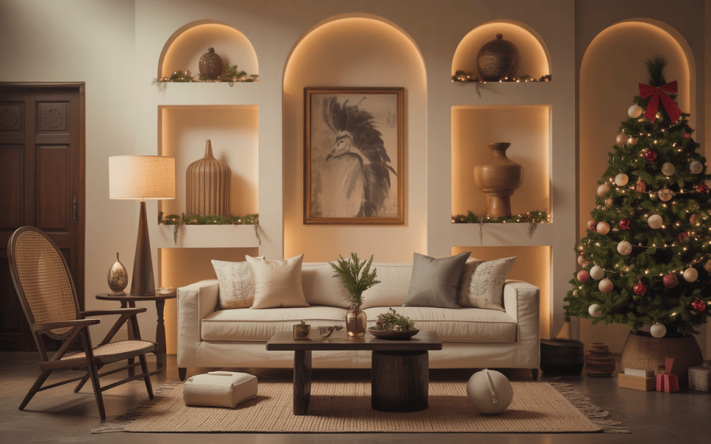 Elegant christmas home decor with cozy lighting and minimalist festive setup