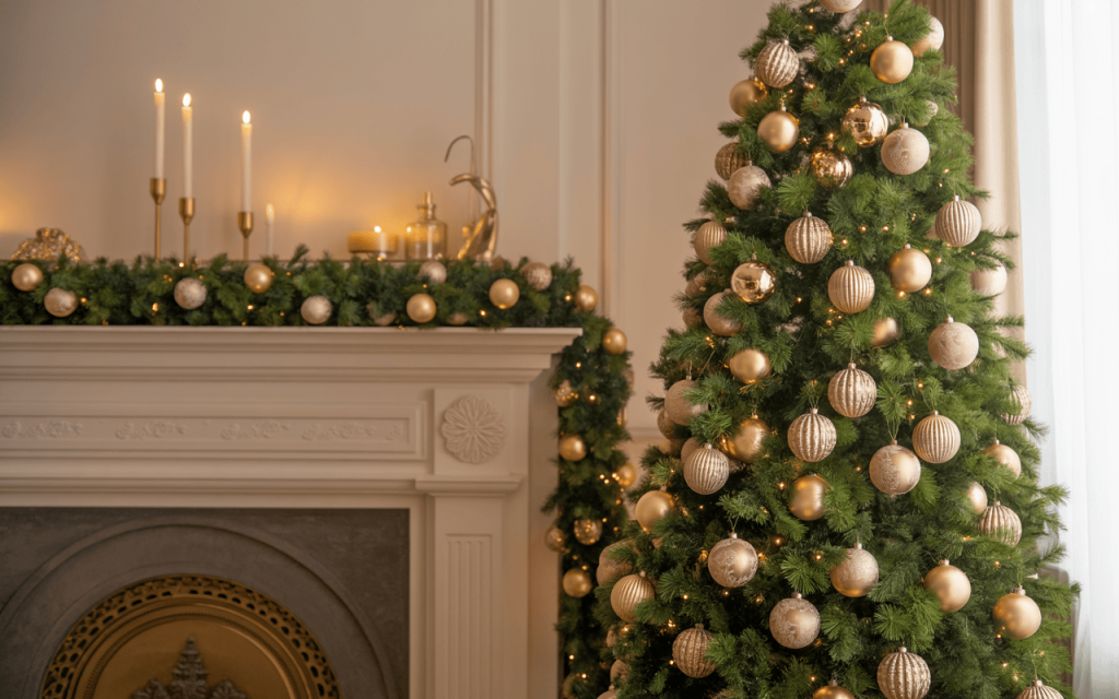 Elegant best tips for decor Christmas using gold ornaments and cozy lights