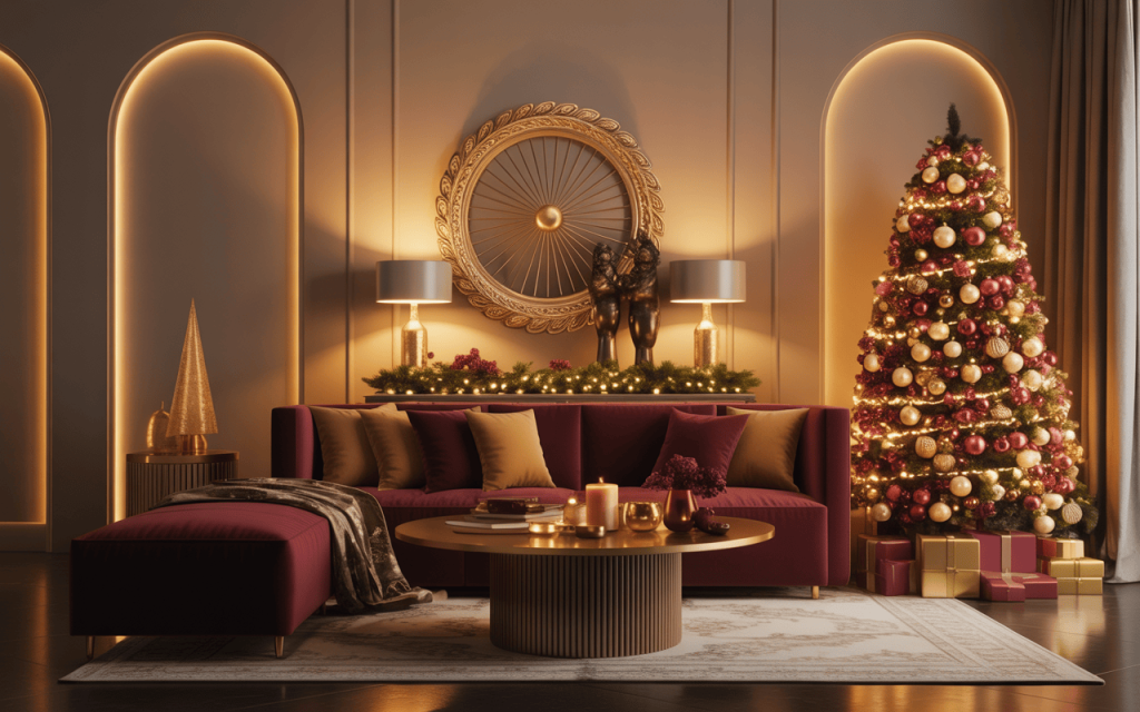 Elegant classy Christmas decor tips for a cozy, gold and burgundy living room scene