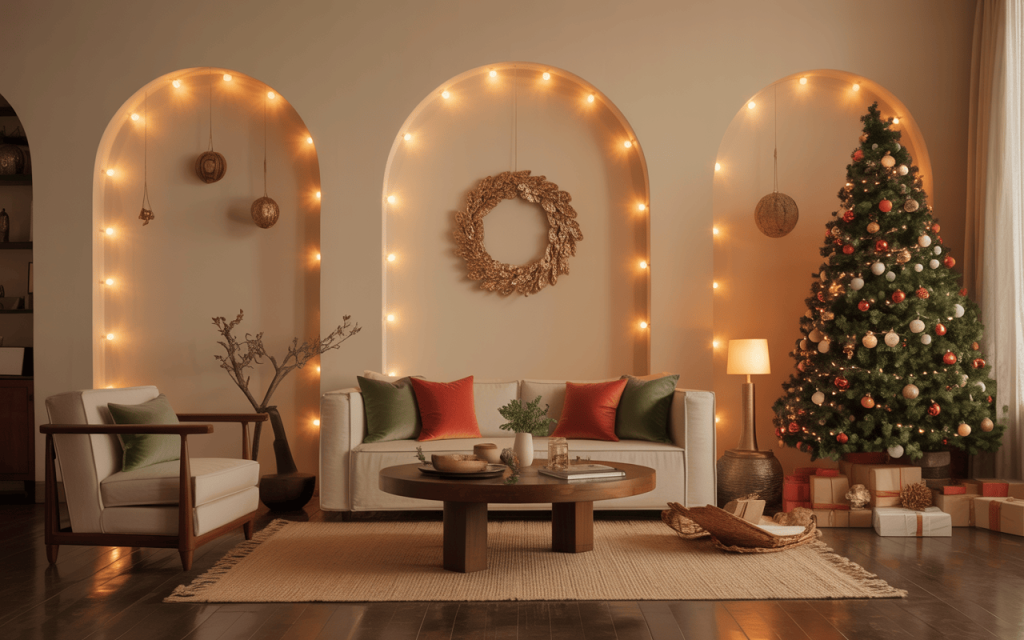 Elegant classy Christmas decor tips for cozy living room with warm festive lights