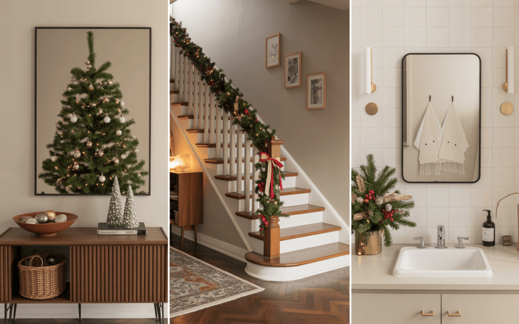 Cozy simple Christmas home decor tips for tree, stairs, and festive bathroom look