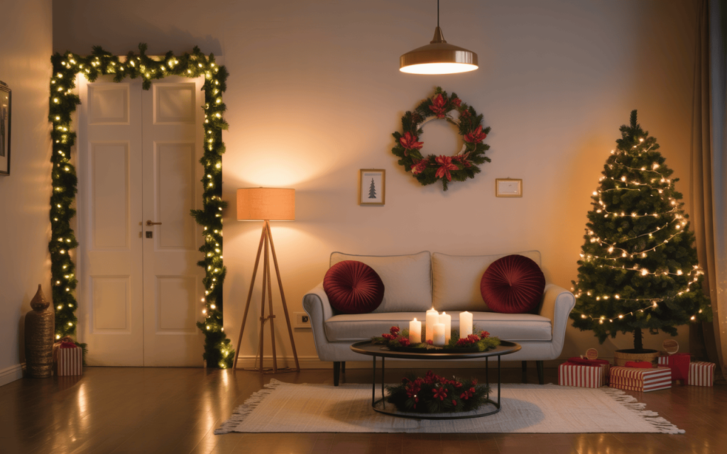 Cozy classy Christmas decor tips for a warm living room with lights and candles