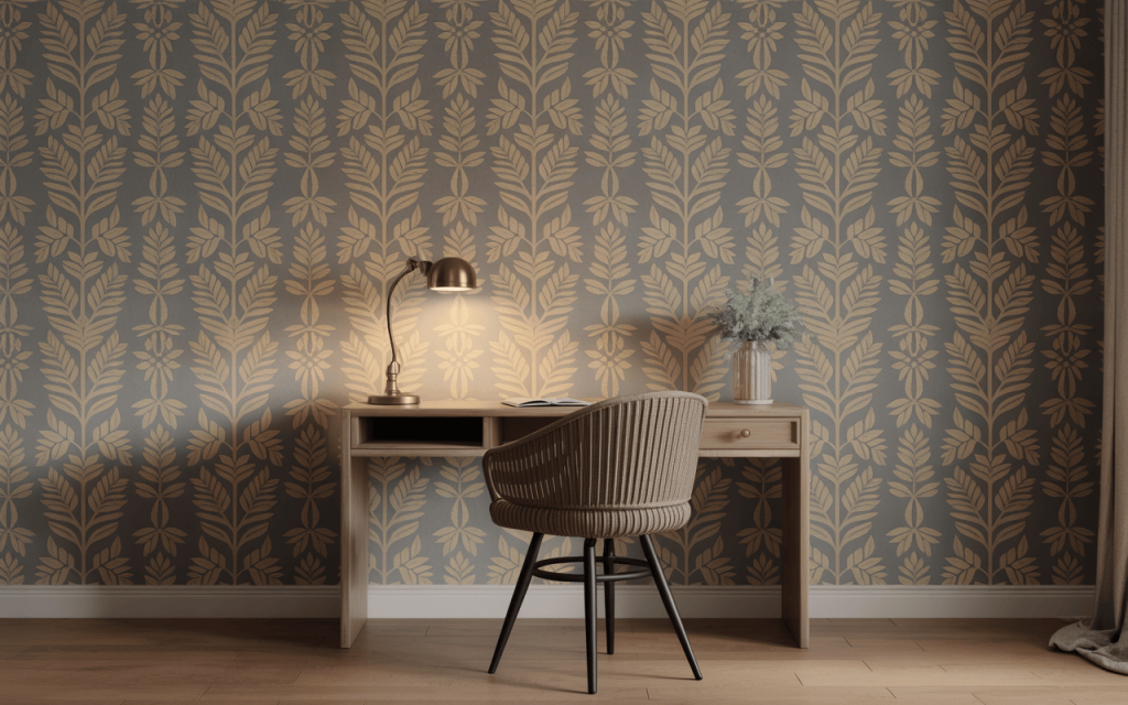 Calm master bedroom wall decor in neutral tones with textured panels