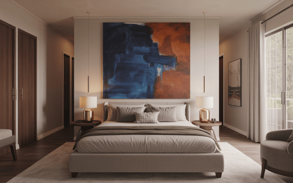 Gallery frames used as modern bedroom wall decor above the bed