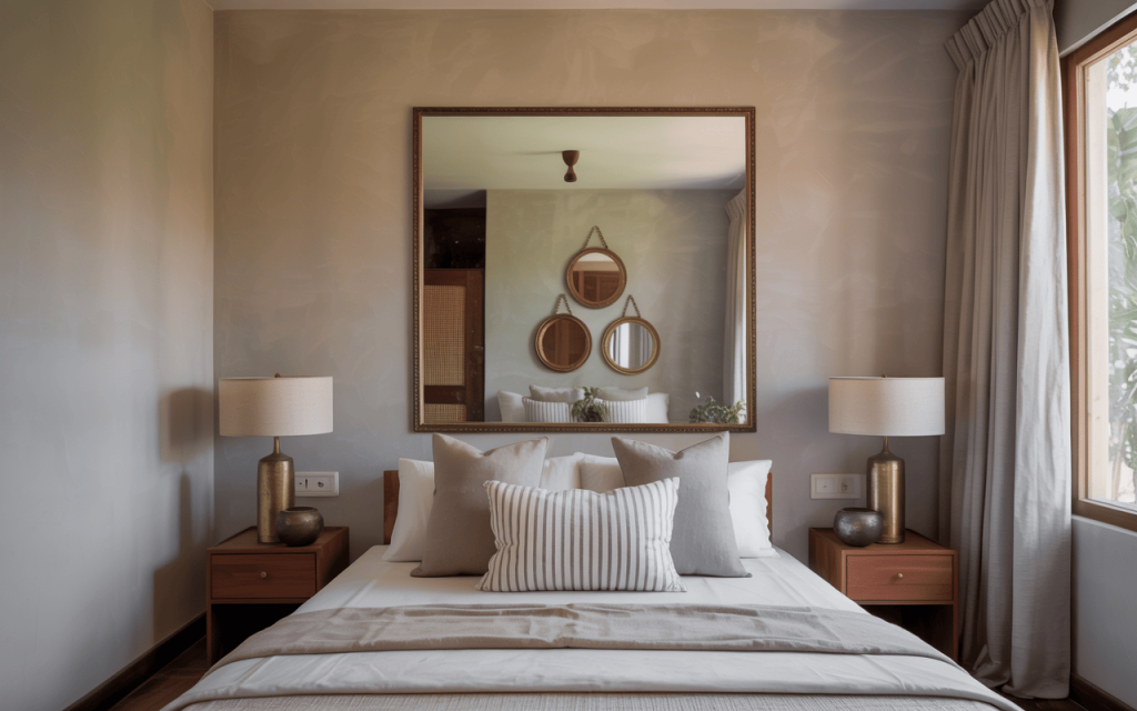 Master bedroom wall decor ideas with accent paint and framed art