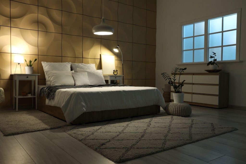 Stylish latest bedroom wall tiles design enhancing warm lighting and modern interiors