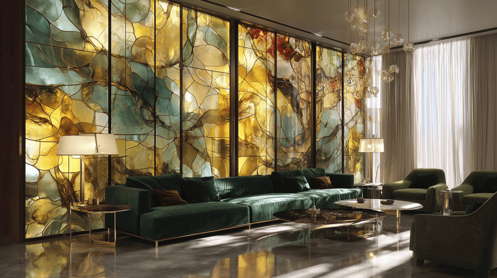 Luxurious golden acrylic sheet design enhancing modern living rooms