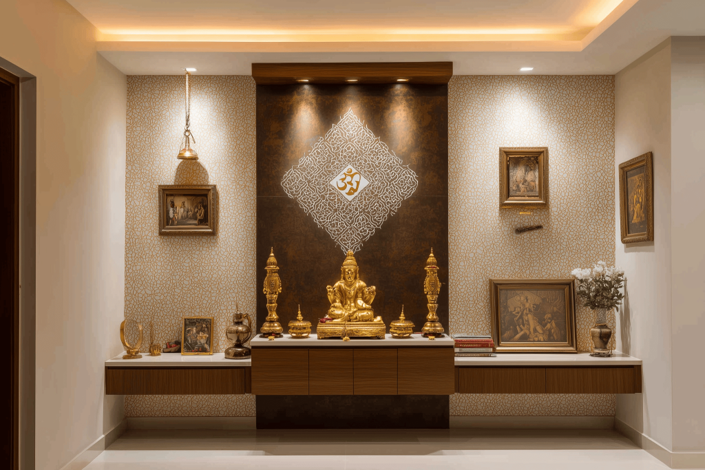 Elegant golden acrylic sheet design enhancing traditional pooja room interiors