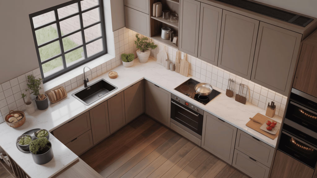 Modern l shaped kitchen cabinet design featuring taupe-colored cabinetry, a white marble countertop