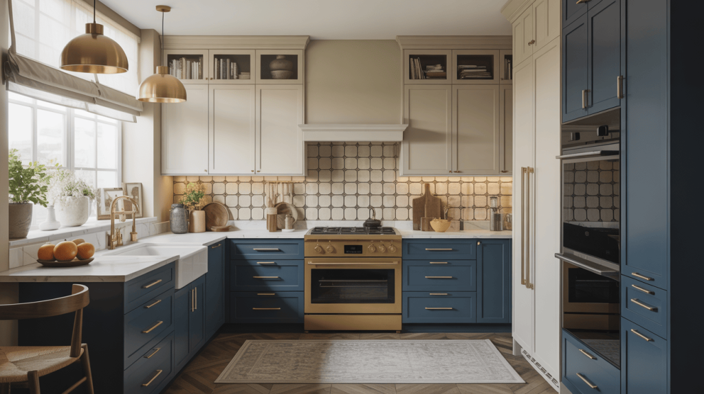 Modern navy and gold l shaped kitchen cabinet design for a bold, upscale look