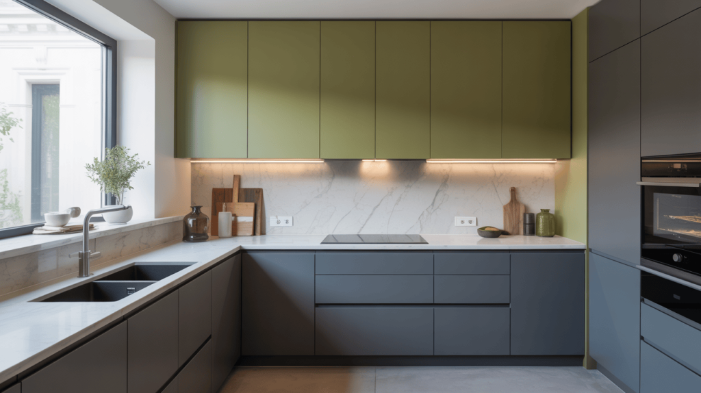 Minimalist sage green l shaped kitchen cabinet design for small kitchen featuring handleless doors
