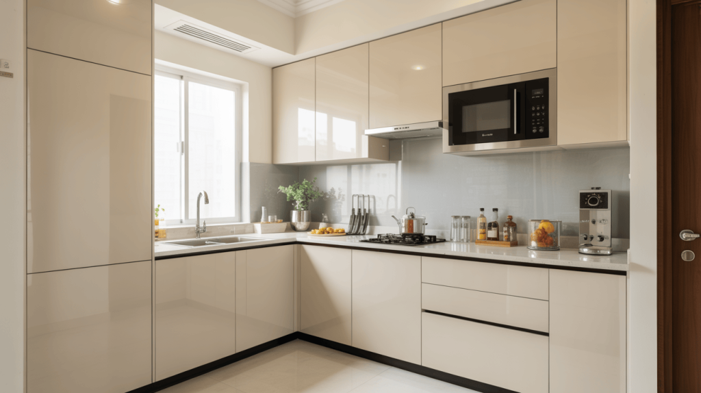 Ultra-modern high-gloss grey l shaped kitchen cabinets with a seamless, reflective finish.