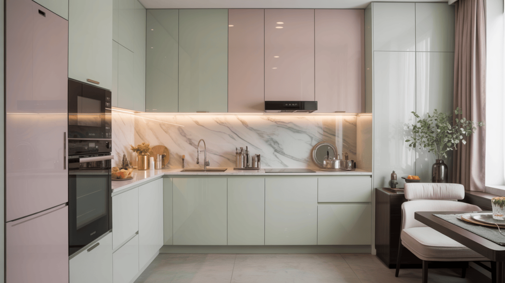 Creative l shaped kitchen cabinet layout ideas using pastel tones and integrated LED strips