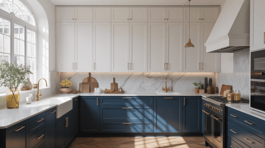 Navy blue modern kitchen almirah design with gold hardware accents