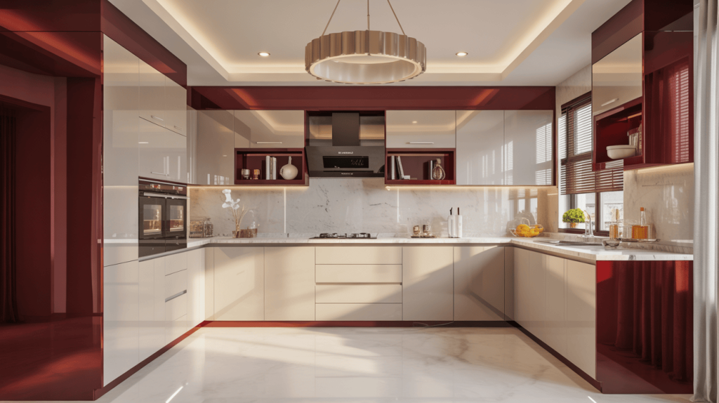 Functional kitchen almirah design featuring deep drawers and ergonomic handles