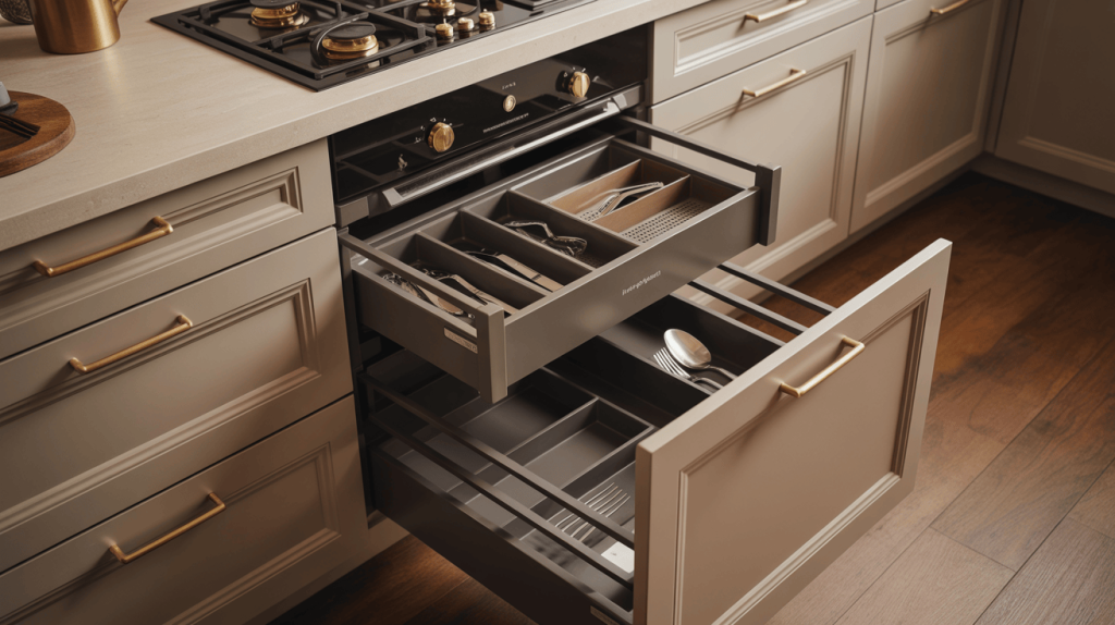 Industrial steel kitchen almirah design paired with brick wall accents