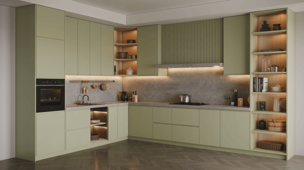 Soft sage green modular kitchen almirah design with floor-to-ceiling storage
