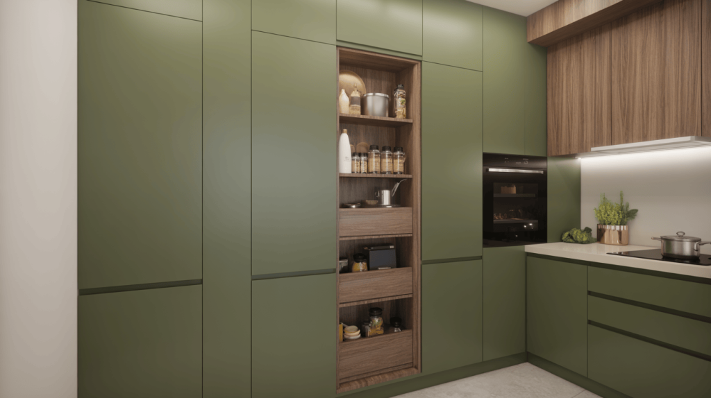 Bright and airy simple kitchen almirah design with white marble countertops