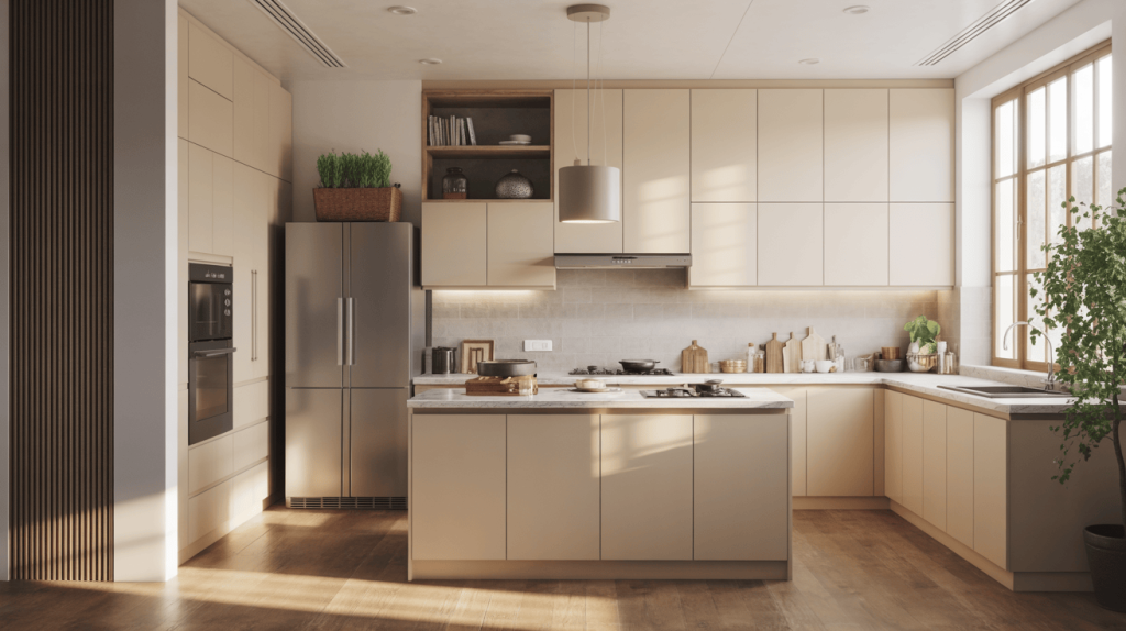 Natural oak almirah design for kitchen featuring built-in oven housing