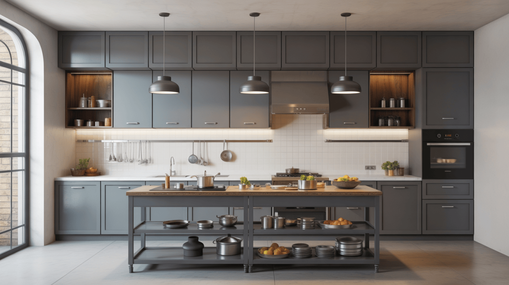 Industrial-inspired steel kitchen almirah design with open metal shelving