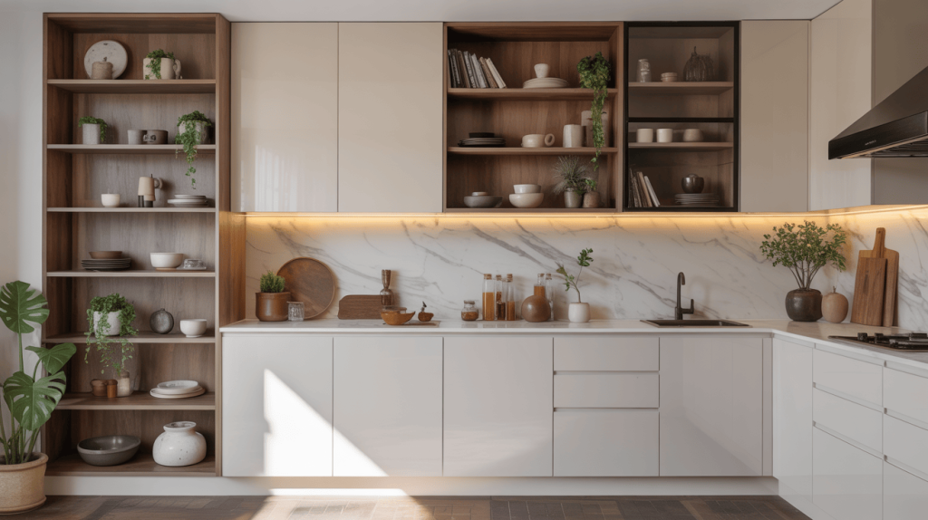 Traditional wooden kitchen almirah design with ornate glass-front display cabinets