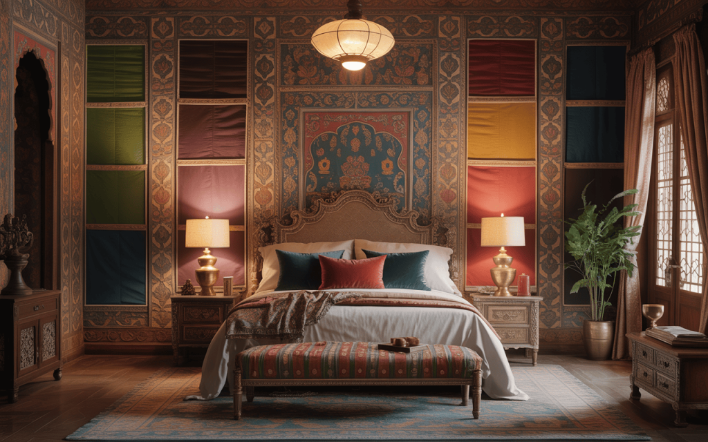 Traditional bedroom interior design featuring wood, linen, and earthy textures