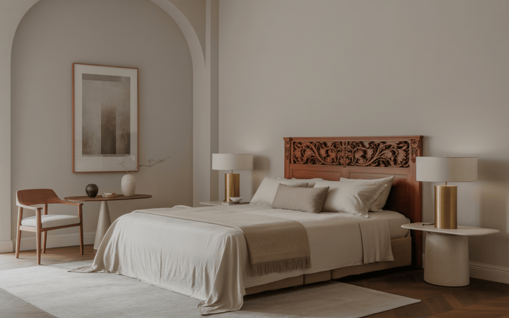 Traditional bedroom interior design with custom artwork and vintage accents