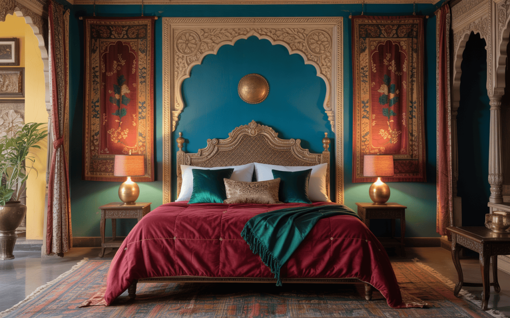 Traditional master bedroom designs with tufted upholstered bed and soft textiles