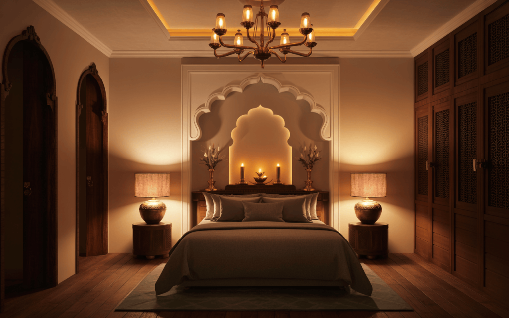 Elegant traditional bedroom design with layered bedding and plush pillows