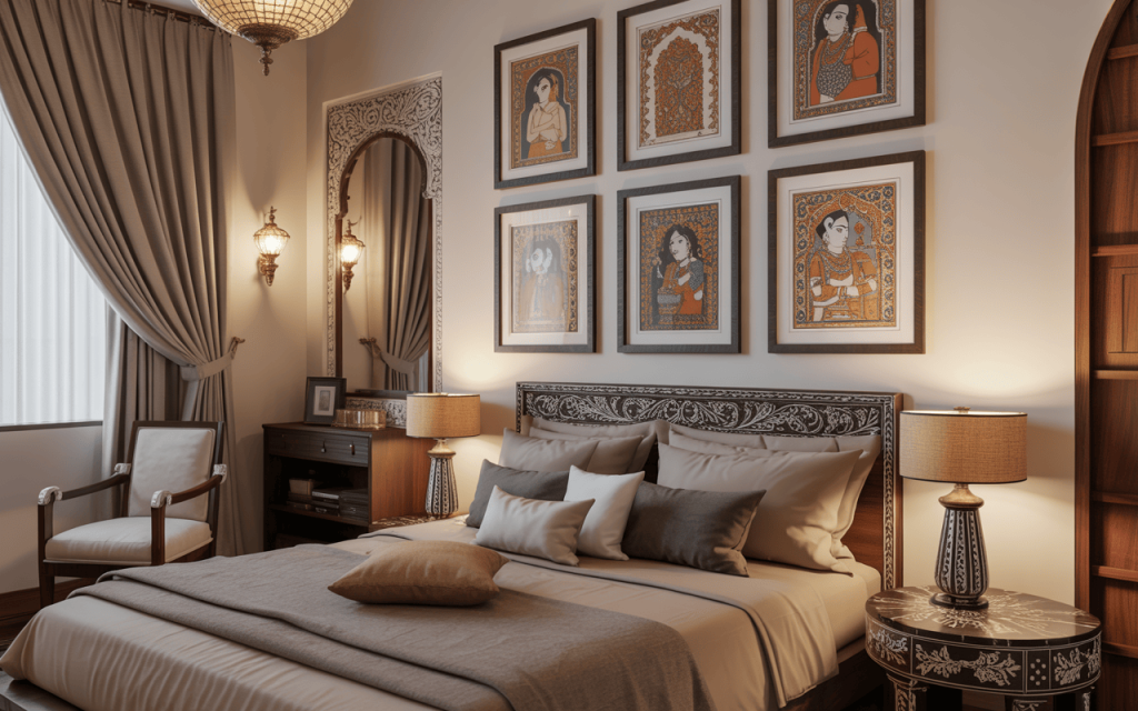 Contemporary traditional bedroom design with sleek wooden nightstands and decor