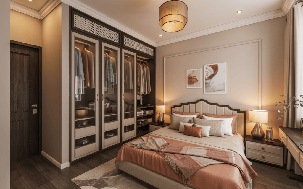 Cupboard design for small bedroom with hidden dressing area