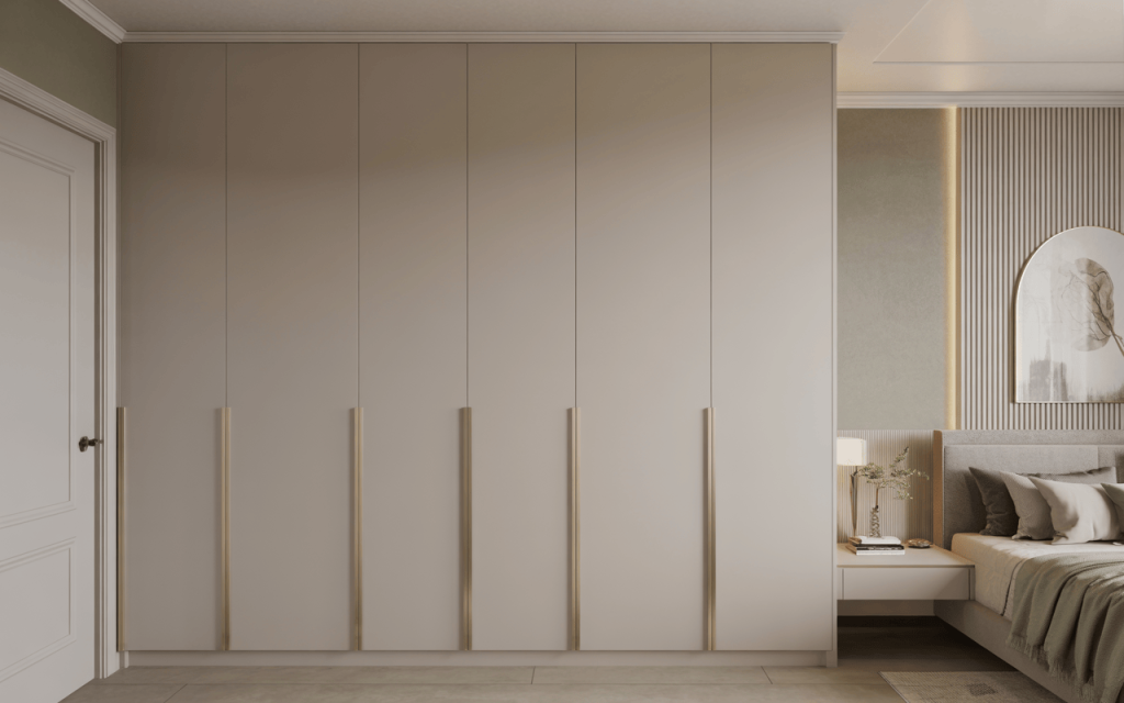 Cupboard design for small bedroom featuring built-in mirror