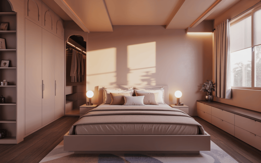 Sliding wardrobe with study table in small bedroom cupboard design