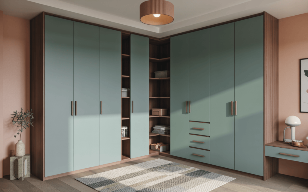 Simple small bedroom cupboard designs with loft storage