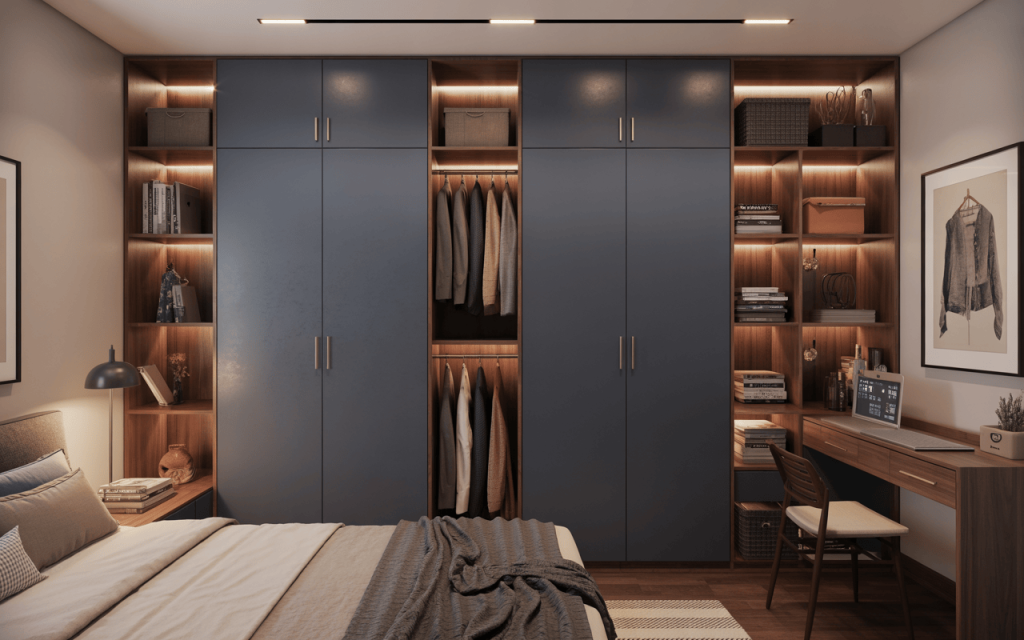 Small master bedroom cupboard ideas with TV unit integration