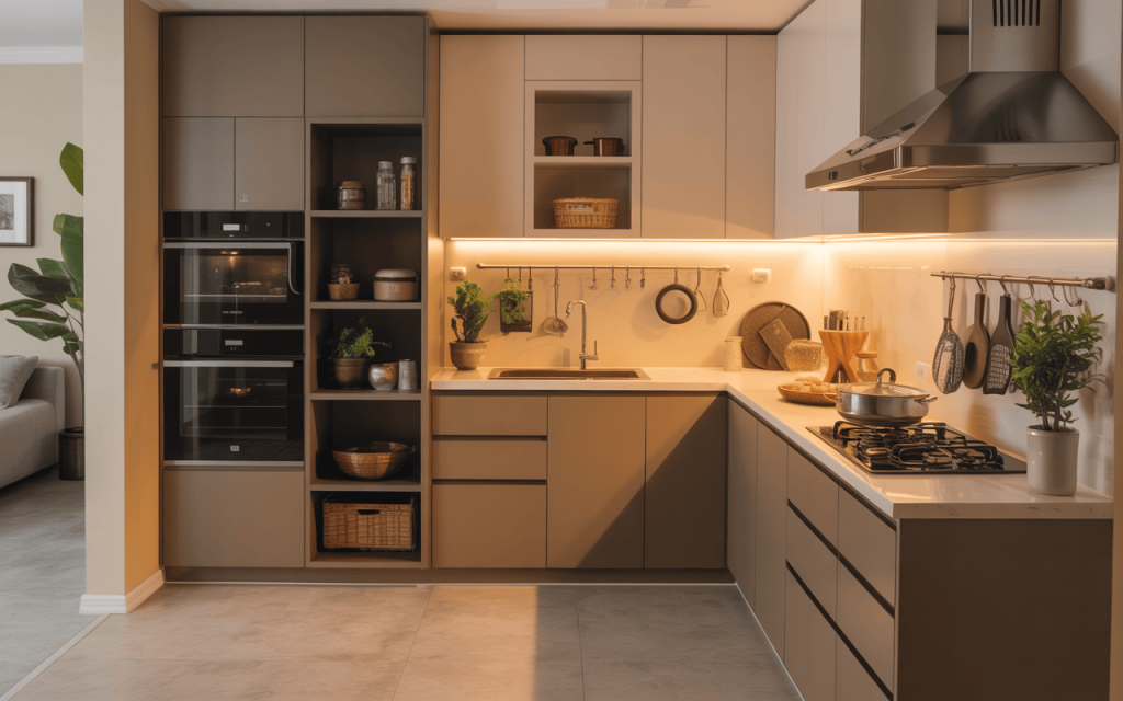 Modern modular kitchen pantry unit design with warm lighting and smart organized storage