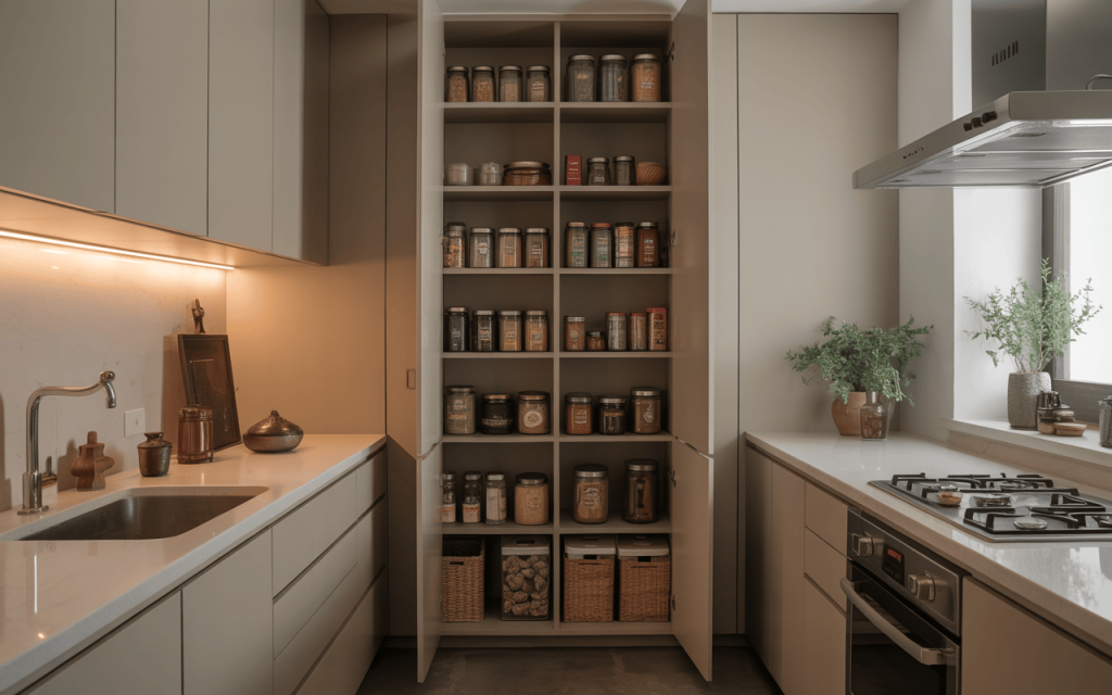 Contemporary pantry unit design with well-organized shelves for a sleek modern kitchen