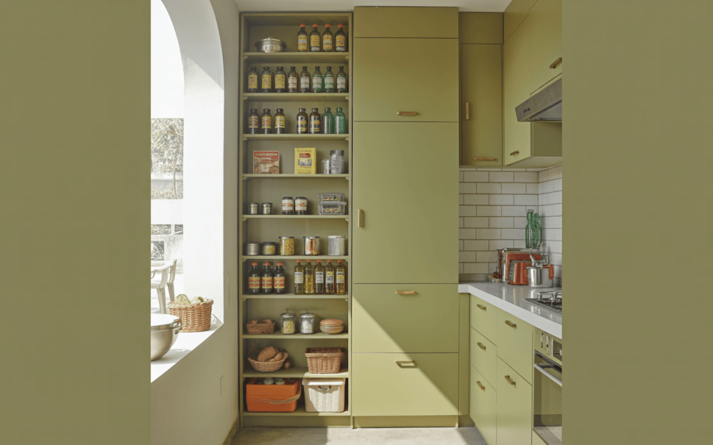 Elegant modular kitchen pantry unit design with sleek shelves and organized storage space