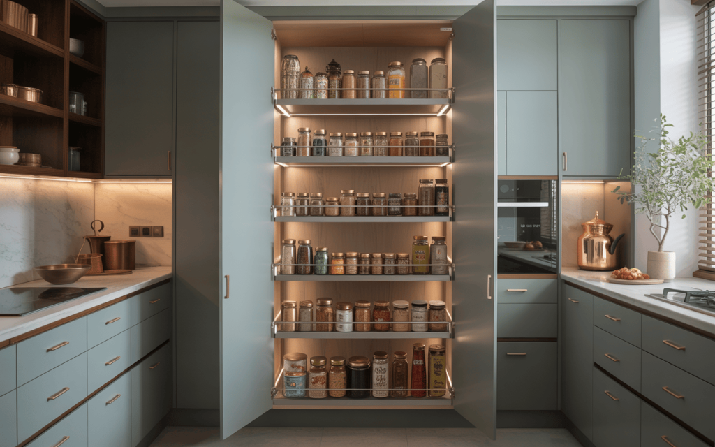 Elegant modular kitchen pantry unit design with pull-out shelves and well-lit storage