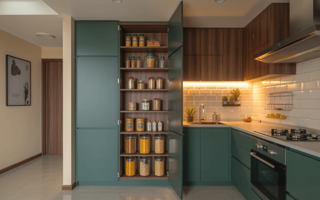 Modern kitchen pantry unit designs with smart vertical storage and organized food jars