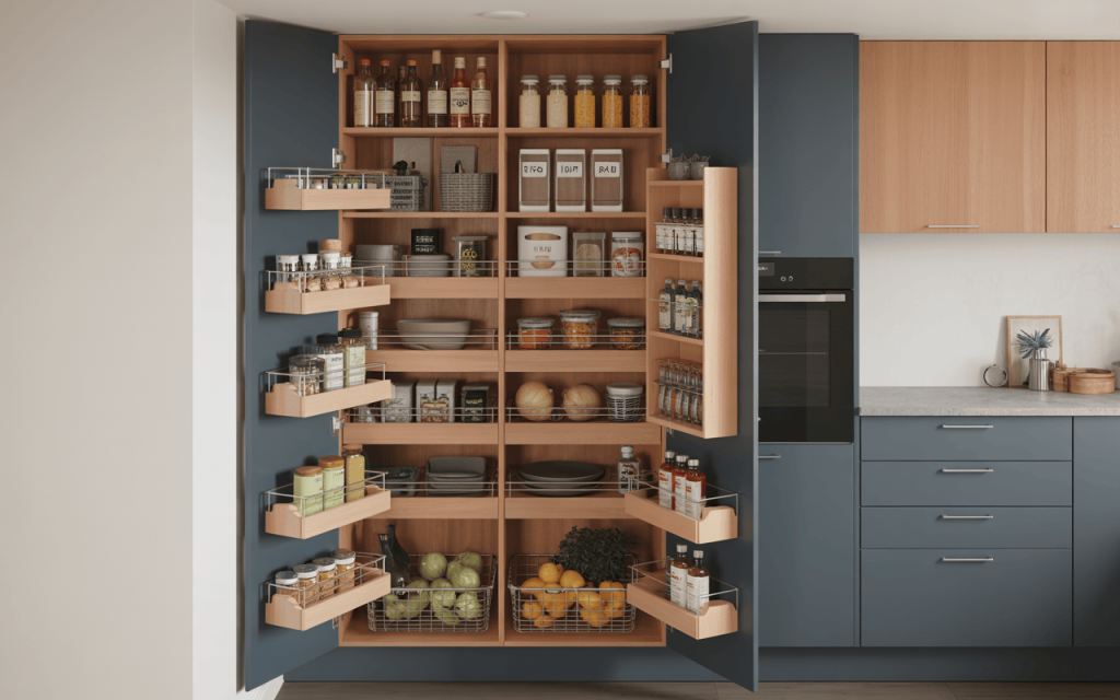 Smart kitchen pantry unit designs with pull-out storage and organized modular shelving