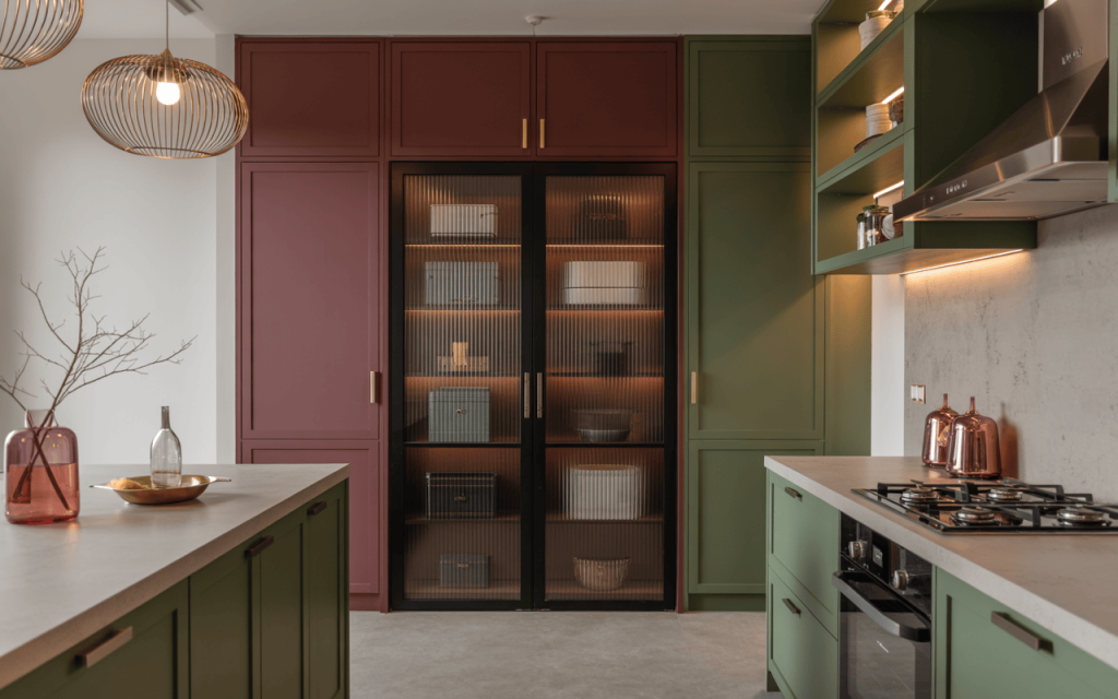 Stylish kitchen pantry unit ideas with elegant dual-tone cabinets and modern glass storage