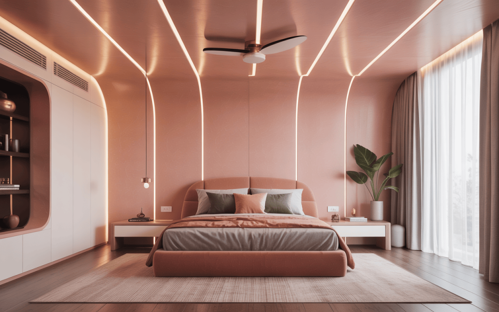 Unique bedroom pvc ceiling design with flowing neon light strips and tan finishes