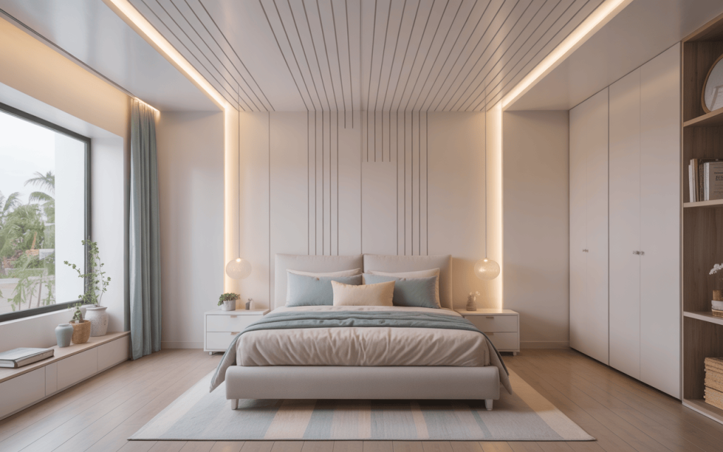 Latest bedroom pvc ceiling design featuring clean lines and warm cove lights