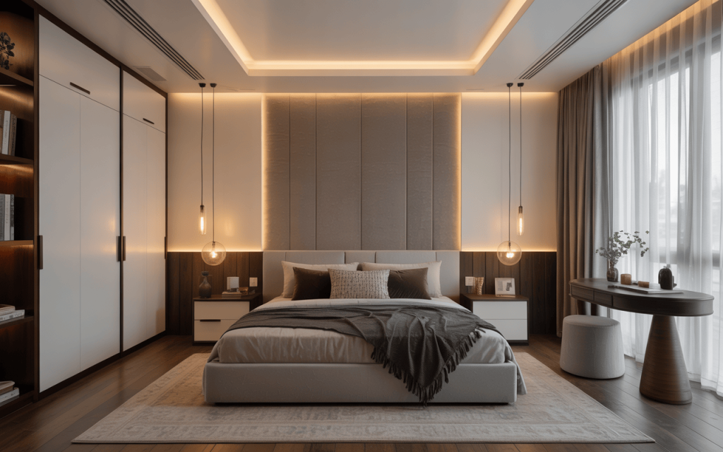 Elegant bedroom PVC ceiling design with warm lighting creating a cozy and modern interior